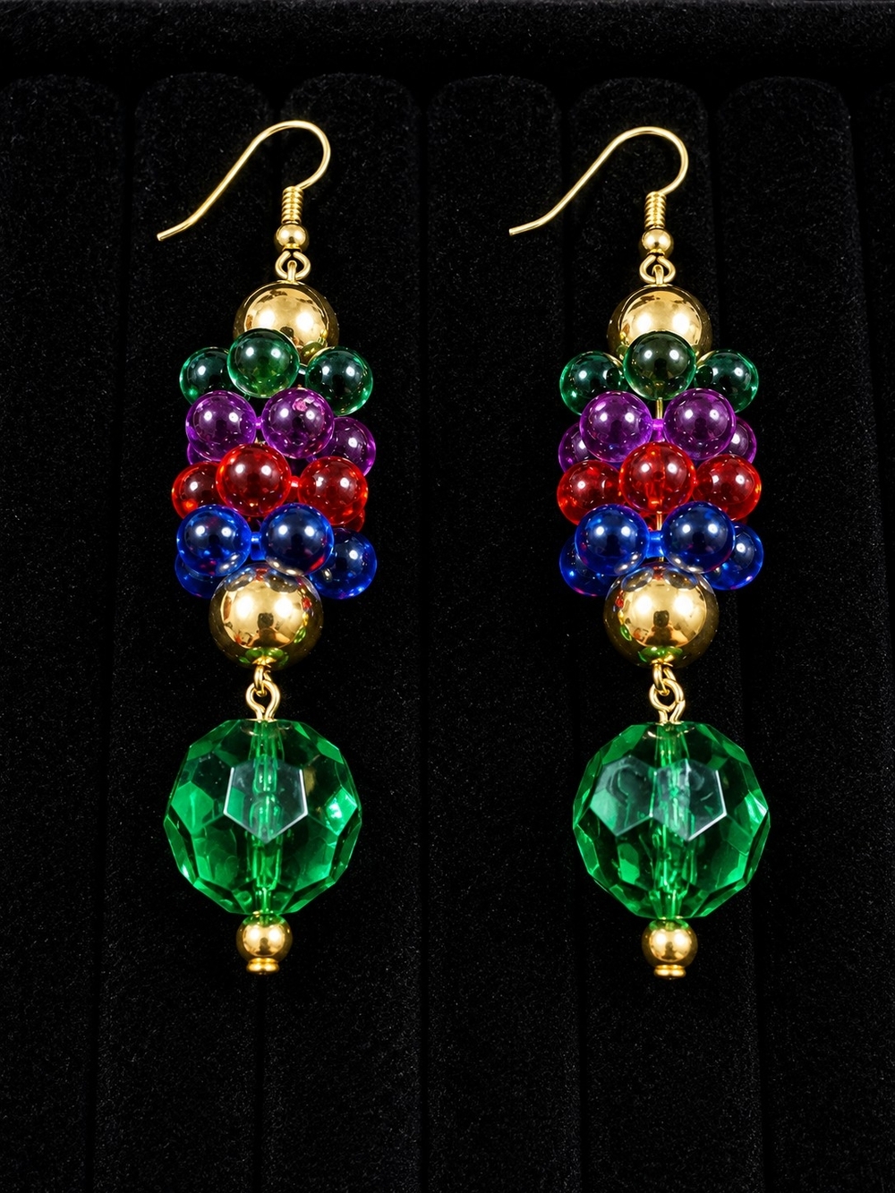 Vintage 1980s Lucite Beaded Dangle Earrings Colorful Oversized Statement